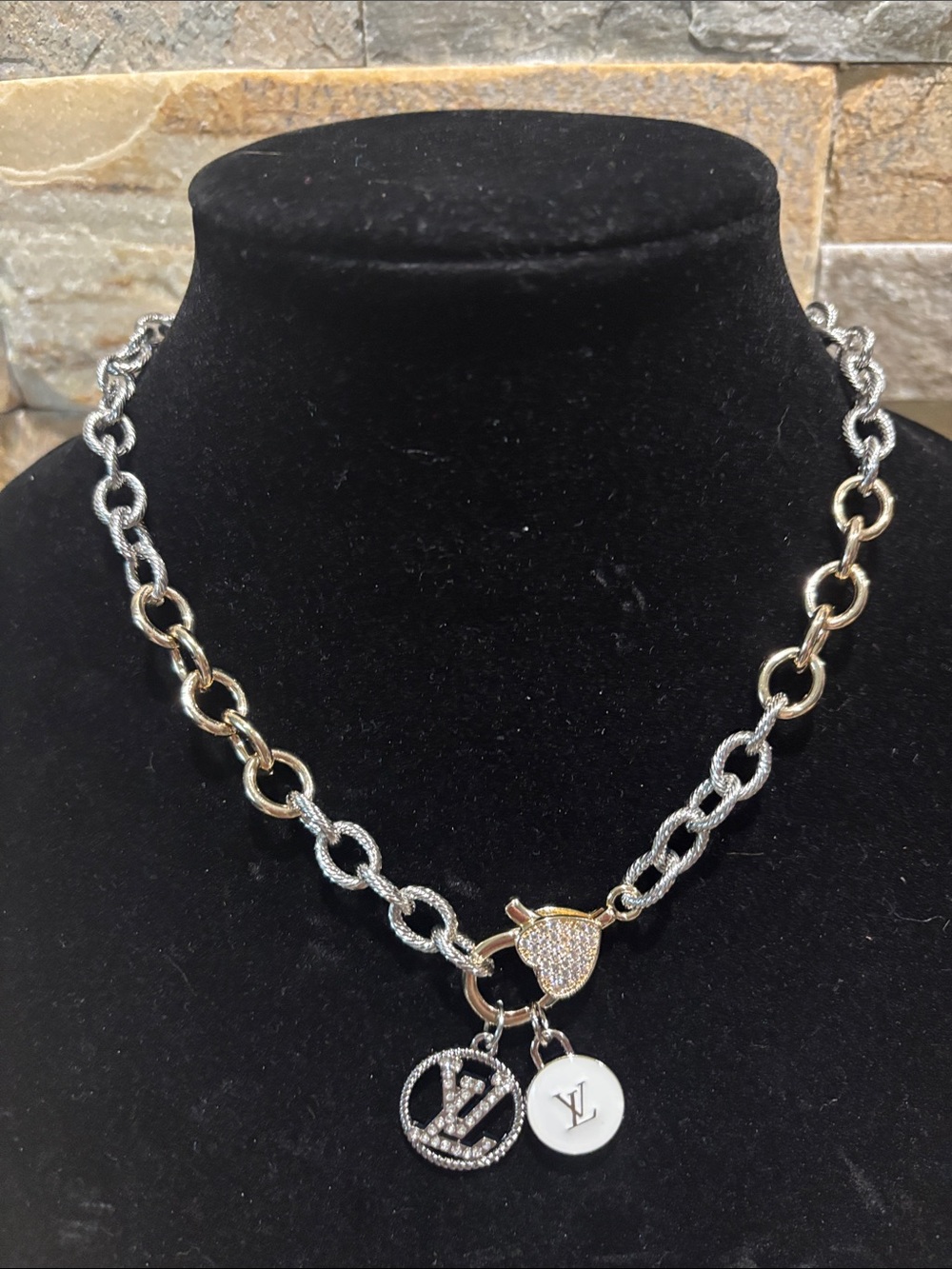 Two-Tone Chain Necklace with Pavé Heart & LV Charms
